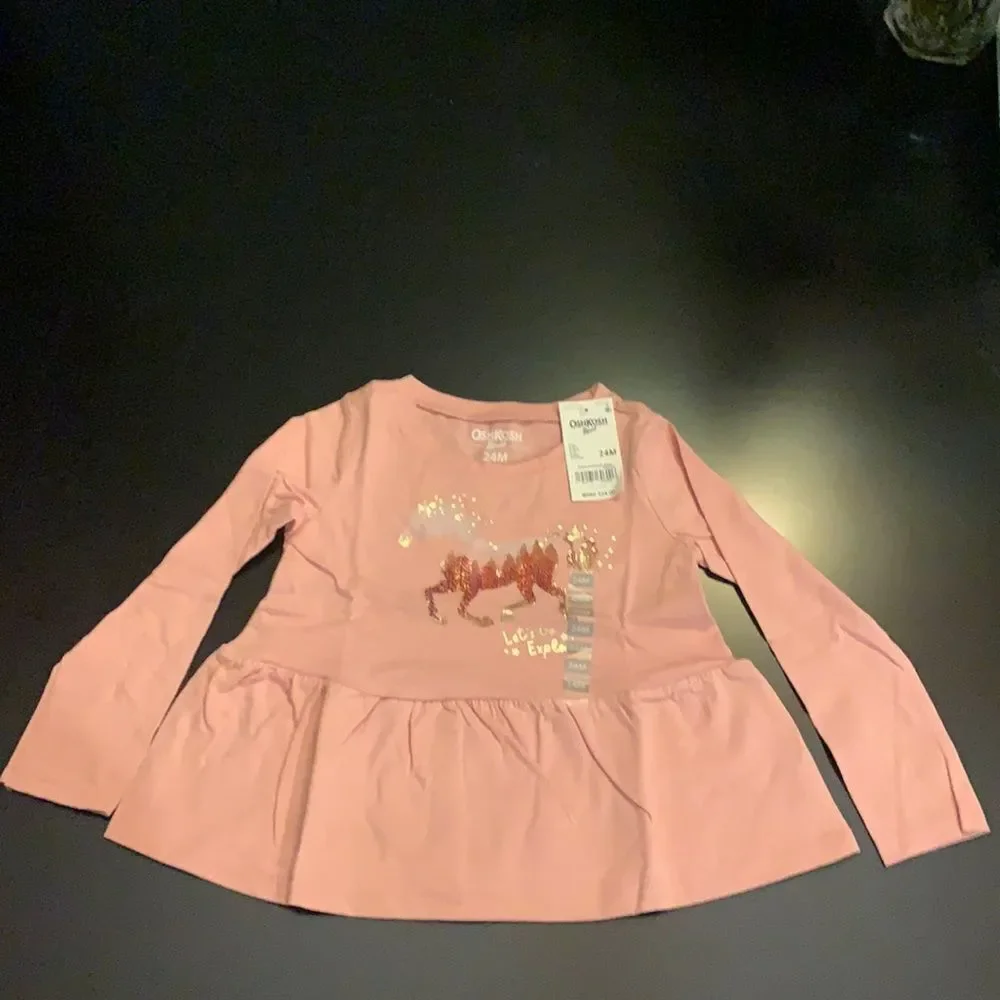 OshKosh Pink Ruffle Horse Let's Explore Long Sleeve Top Shirt 24‎ Months New
